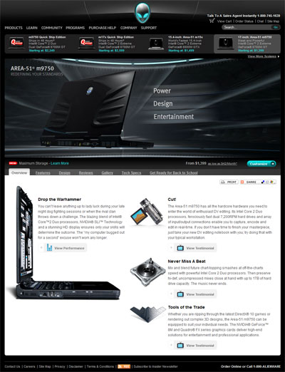 The Alienware m9750 homepage. From design comps I created a clean layout that employed not only flash video above the product info, but multiple testimonial videos that required some custom fixes for flash issues that popped up under Mac systems