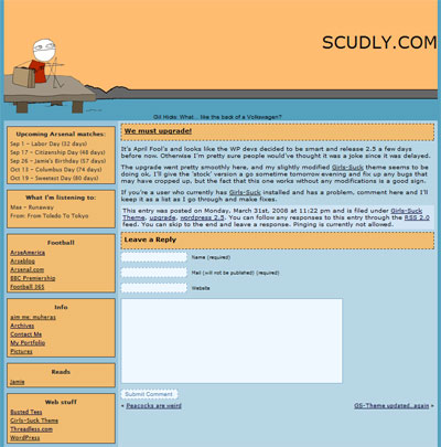 A completely custom Wordpress template that's a table-less design. As much semantic markup as was possible within the WP engine restraints. To this date there have been 5,000 downloads and it's been installed on over 100+ blogs